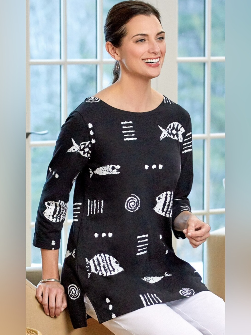 M.MAC Rock Fish Cotton Knit Scoop-Neck  Black & White Lagenlook Tunic Top Size L